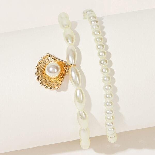 

Shell Decor Faux Pearl Beaded Anklet 2pcs