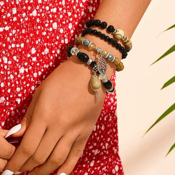 

Leaf & Shell Decor Beaded Bracelet 4pcs