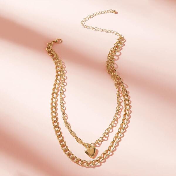 

Heart Charm Layered Chain Necklace 1pc, Gold