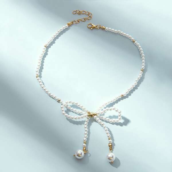 

Faux Pearl Beaded Bow Knot Design Choker 1pc