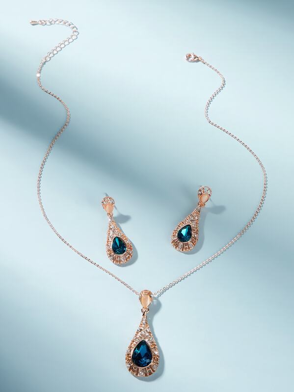 

Waterdrop Gemstone Charm Necklace & Earrings 3pcs