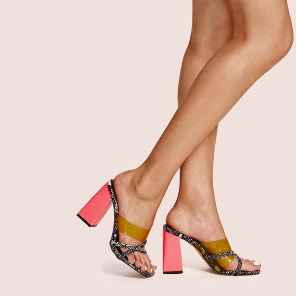 

Snakeskin Cross Strap Chunky Heeled Mules