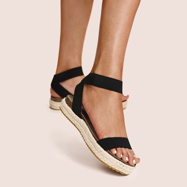 

Elastic Cross Strap Espadrille Wedges, Black