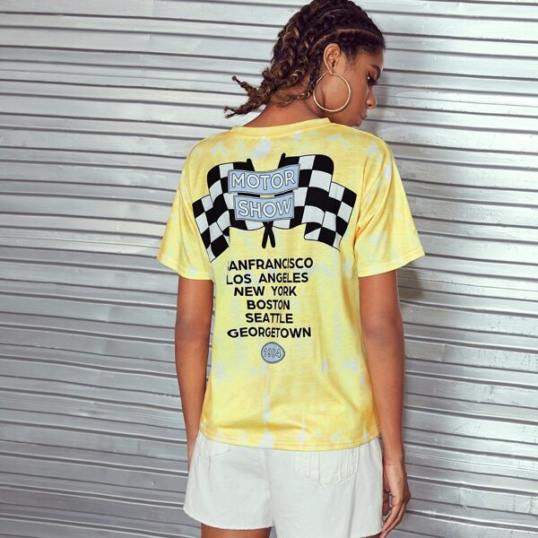 

Car & Letter Print Tie Dye Tee, Yellow
