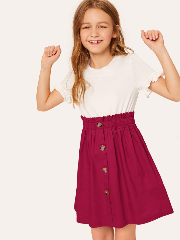 

Girls Ruffle Trim Button Front Combo Dress, Multicolor, Sashab