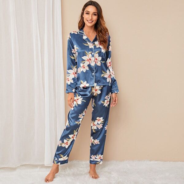

Floral Print Satin Pajama Set, Blue