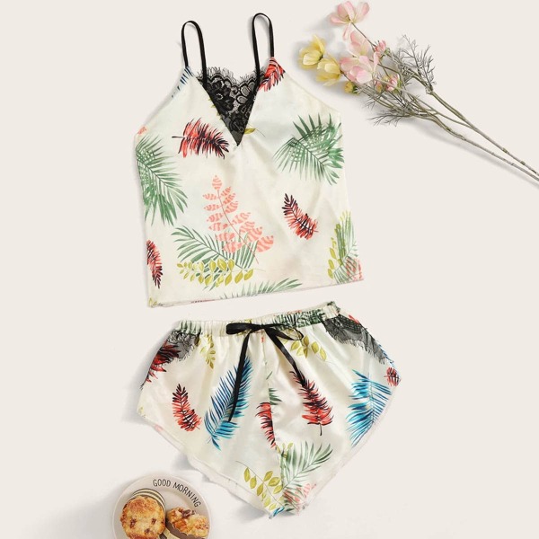 

Leaf Print Floral Lace Satin Cami With Shorts