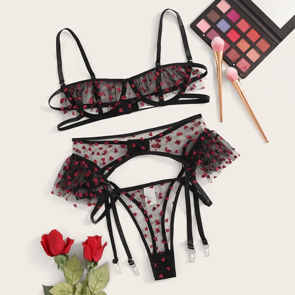 

Heart Print Garter Sheer Lingerie Set, Black