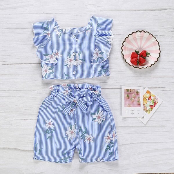 

Toddler Girls Striped Ruffle Trim Top With Paperbag Waist Shorts, Blue