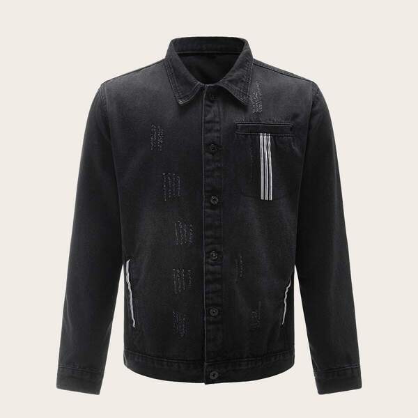 

Men Stripe Print Letter Patched Ripped Denim Jacket