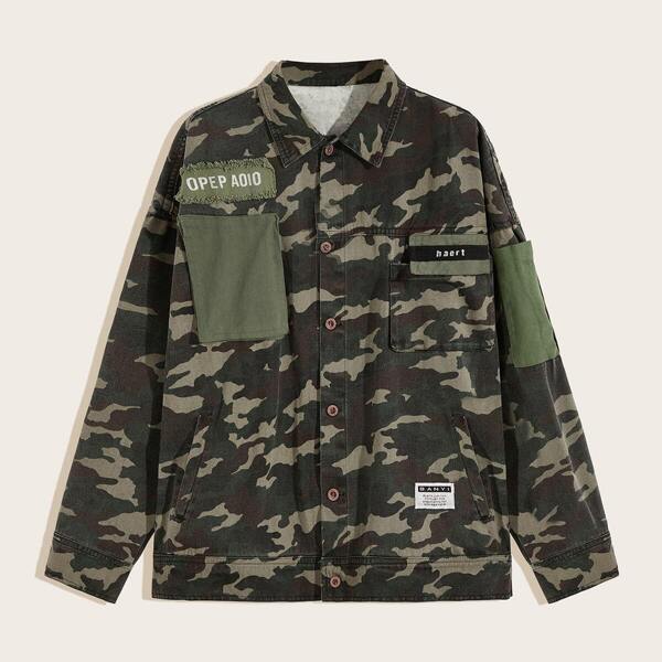 

Men Camo And Letter Print Contrast Panel Denim Jacket