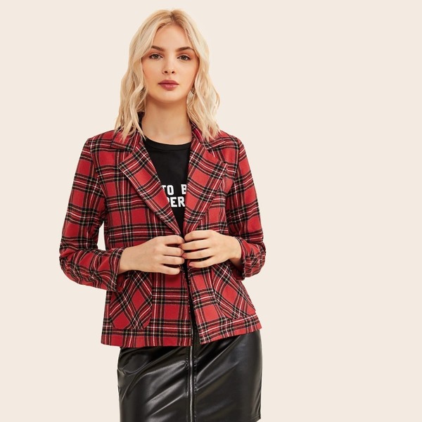 

Plaid Notched Neck Dual Pocket Blazer, Red