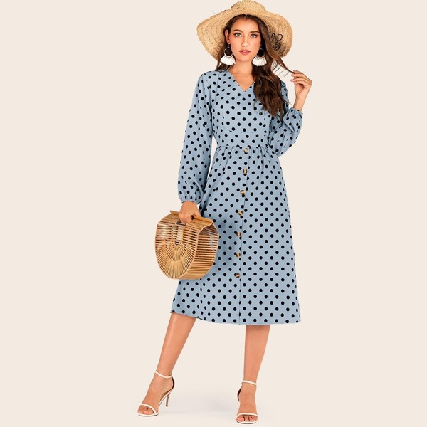 Polka Dot V-neck Button Front Dress