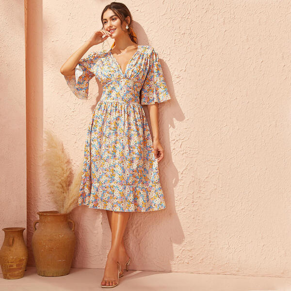 

Ditsy Floral Print V-neck Dress, Multicolor