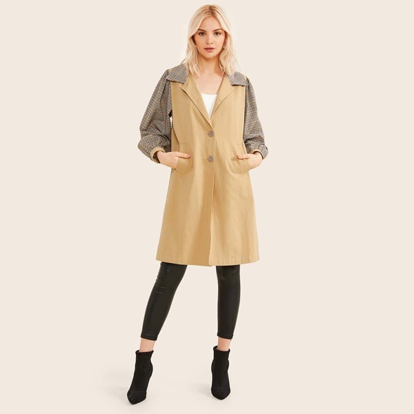 

Contrast Plaid Print Slant Pocket Trench Coat, Khaki