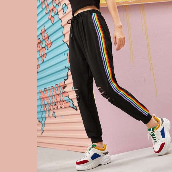 

Side Rainbow Stripe Ripped Drawstring Waist Pants
