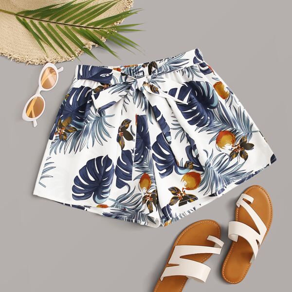 

Tropical Print Self-Tie Belted Shorts, Multicolor