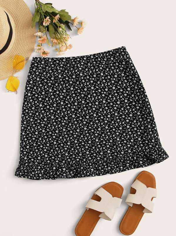 

Ditsy Floral Print Frill Hem Skirt, Black