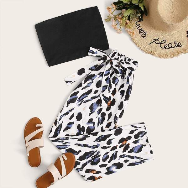 

Solid Tube Top & Leopard Print Belted Pants