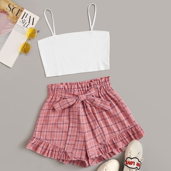 

Solid Cami Top & Plaid Tie Front Short