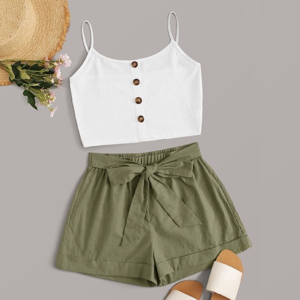 

Button Front Cami Top & Tie Front Shorts, Multicolor