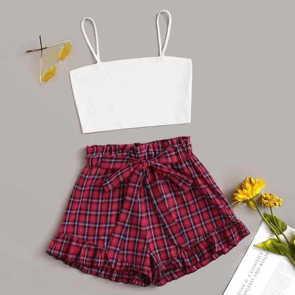 

Solid Cami Top & Plaid Tie Front Short