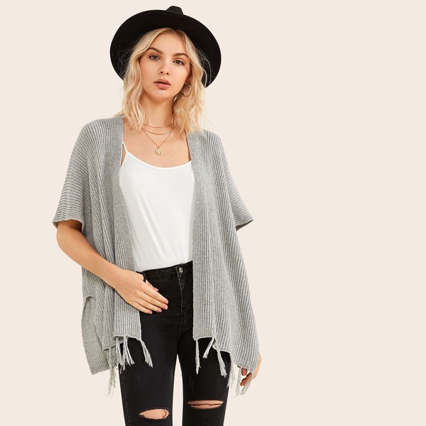 

Fringe Detail Batwing Sleeve Cardigan, Grey pastel