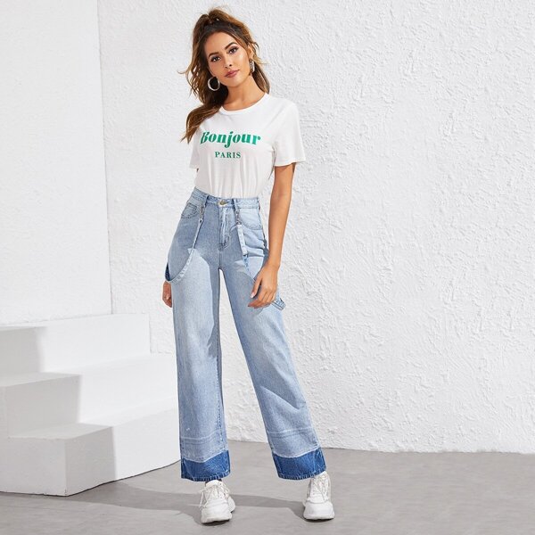

Colorblock Dual Pocket Jeans With Straps, Blue