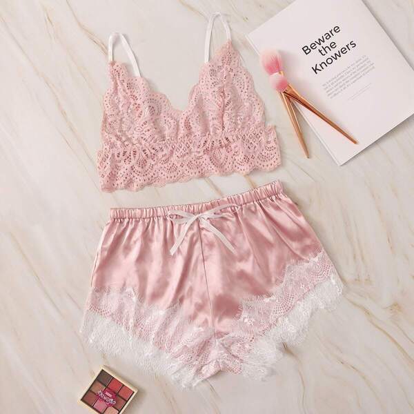 

Floral Lace Bralette With Satin Shorts