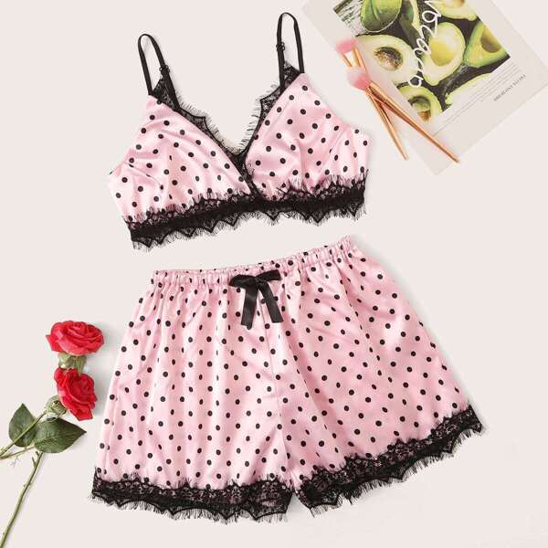 

Polka Dot Eyelash Lace Satin Lingerie Set, Pink
