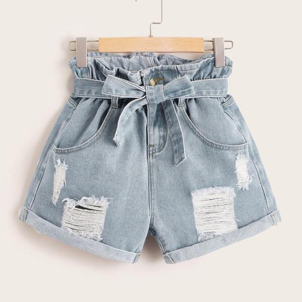 

Ripped Paperbag Waist Belted Denim Shorts, Blue pastel