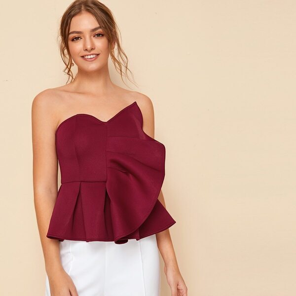 

Sweetheart Neck Exaggerate Ruffle Trim Pleated Peplum Tube Top