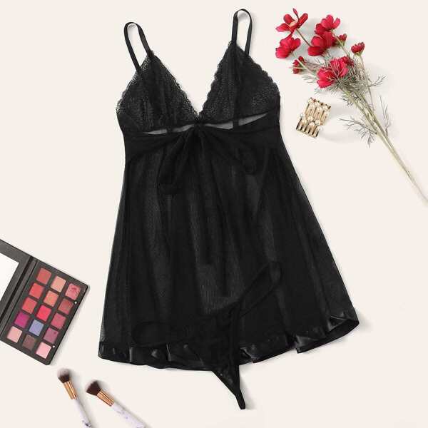 

Plus Contrast Lace Mesh Slips With Thong, Black