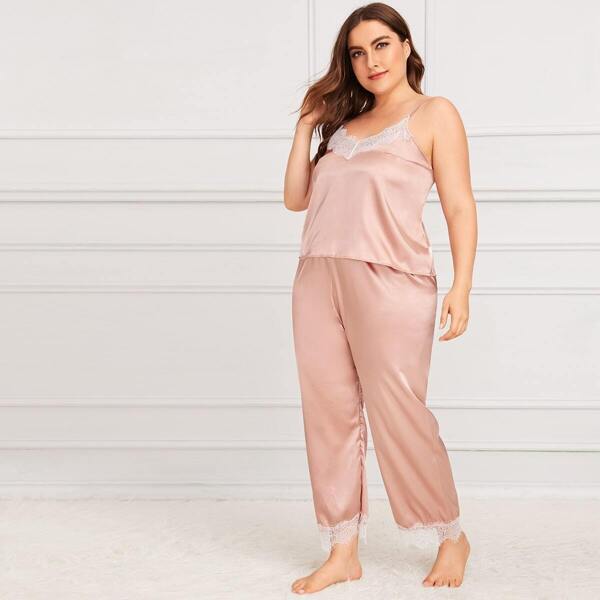 

Plus Contrast Lace Cami Pajama Set With Pants