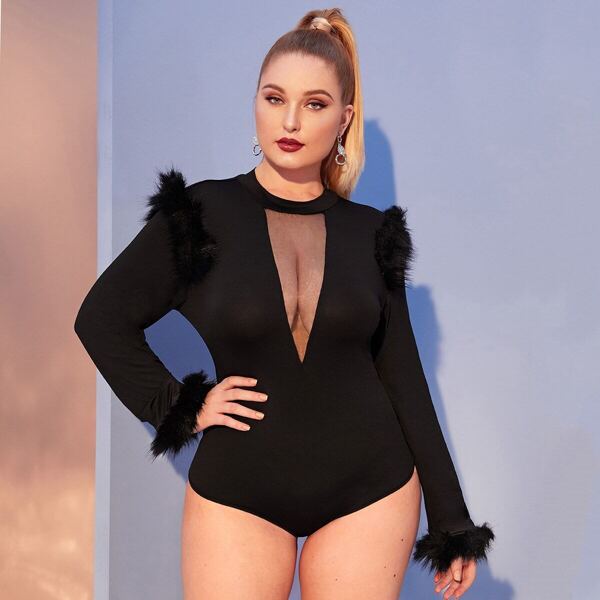 

Plus Mesh Insert Faux Fur Bodysuit
