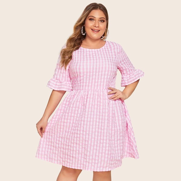 

Plus Gingham Flounce Sleeve Dress