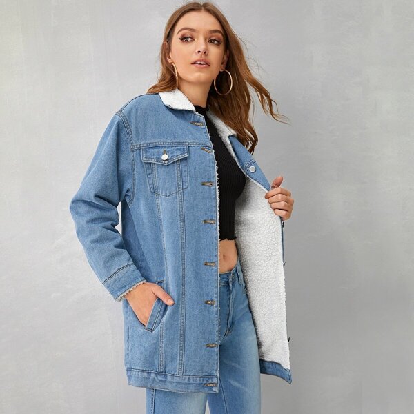 

Shearling Drop Shoulder Longline Denim Jacket, Blue