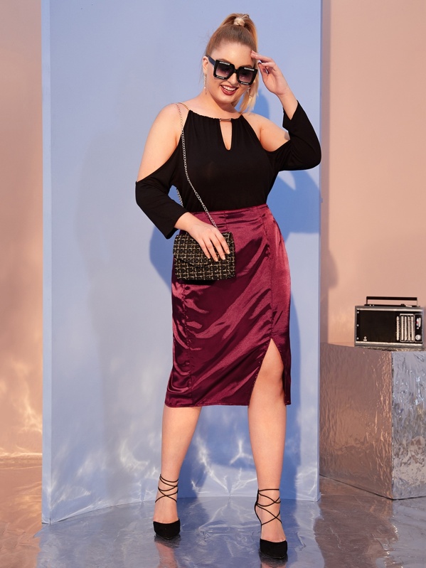 

Plus Satin Split Front Skirt, Burgundy, Nora