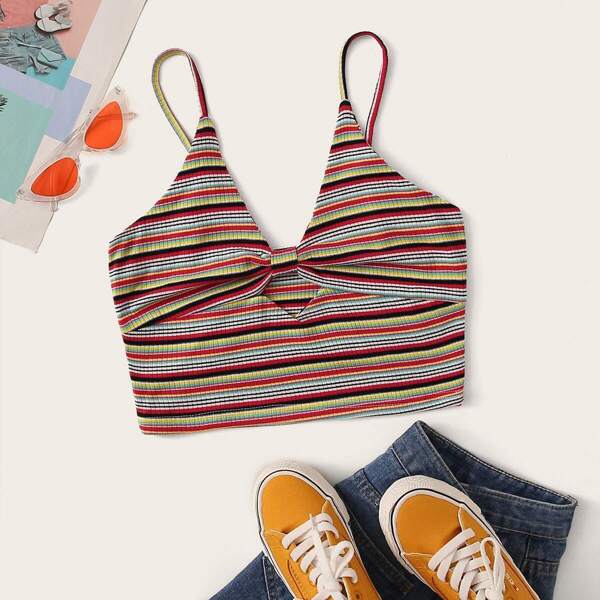 

Colorful Striped Ribbed Cami Top, Multicolor