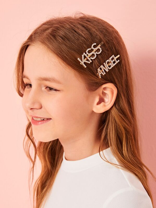 

Girls Rhinestone Engraved Letter Hairpin 2pcs, Multicolor
