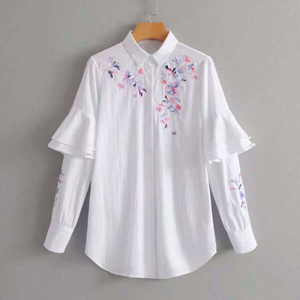 

Embroidery Curve Hem Ruffle Sleeve Blouse