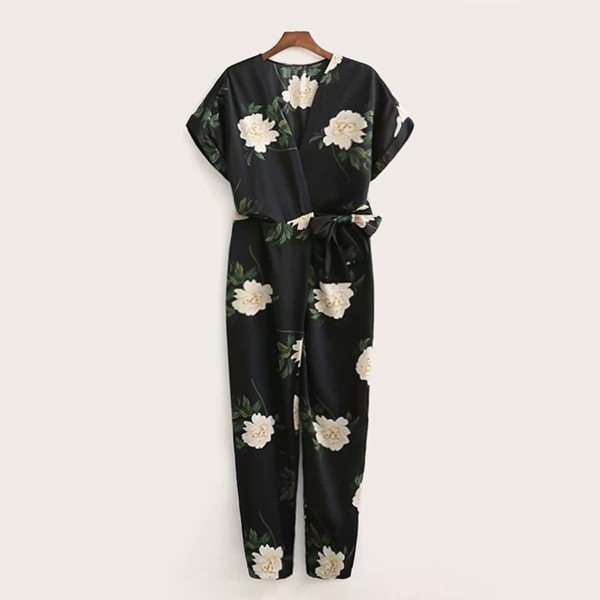 

Floral Print Surplice Belted Jumpsuit