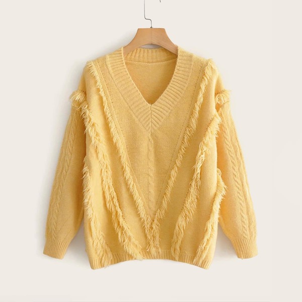 

Frayed Detail V-neck Sweater