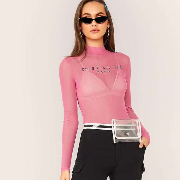 

Mock Neck Slogan Print Sheer Bodysuit Without Bra, Pink pastel