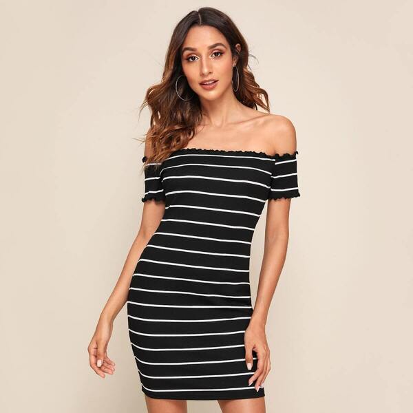 

Striped Lettuce Trim Bardot Bodycon Dress