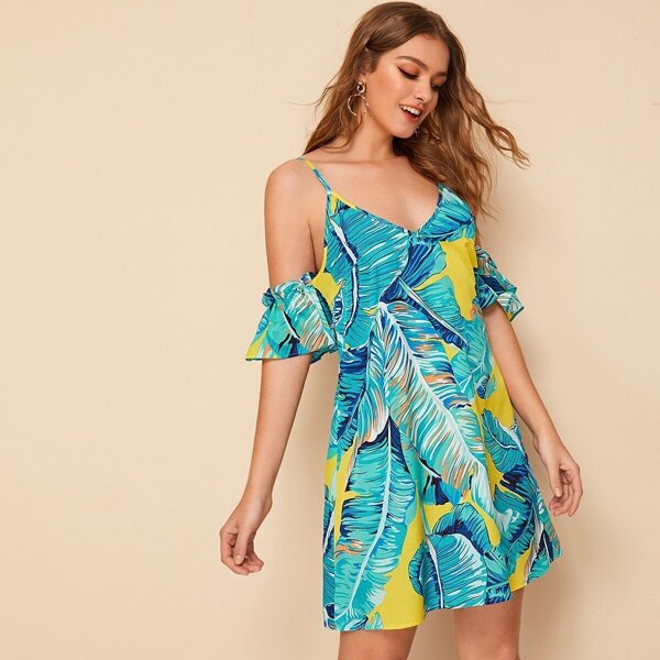 

Cold Shoulder Flutter Sleeve Tropical Print Dress