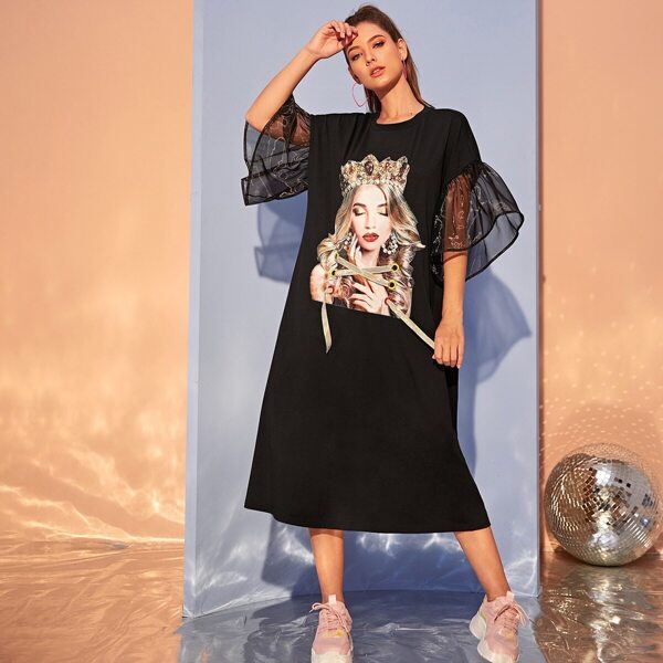 

Grommet Lace Up Figure Graphic Organza Sleeve Dress, Black