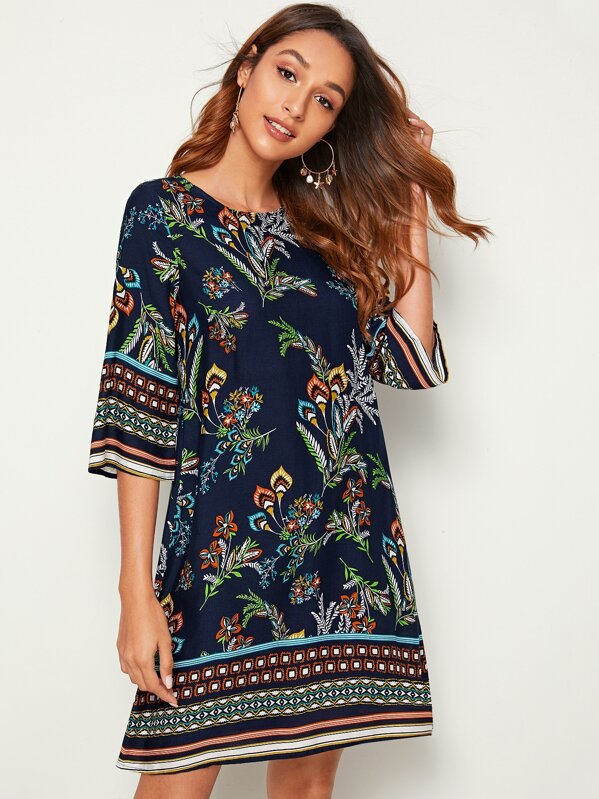 

Keyhole Back Botanical Print Tunic Dress, Navy, Gabi B
