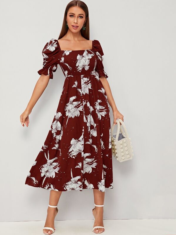 

Puff Sleeve Shirred Bodice Floral Print Dress, Burgundy, Hanna