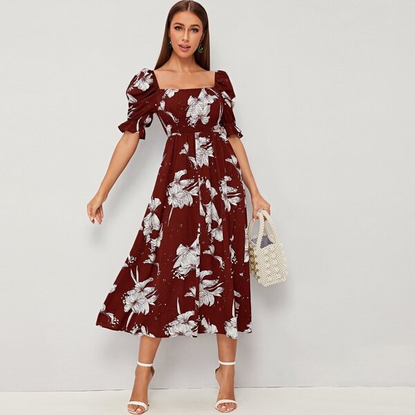 

Puff Sleeve Shirred Bodice Floral Print Dress, Burgundy